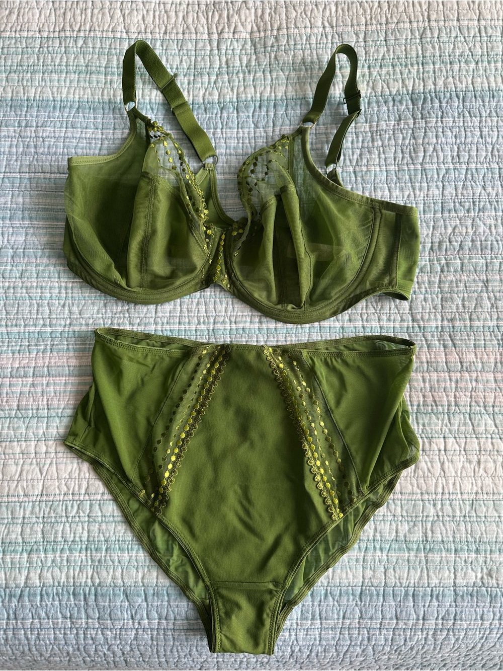 Elomi Matilda 38G UK Olive Green Mesh Underwire Bra & High-Waist Briefs Set